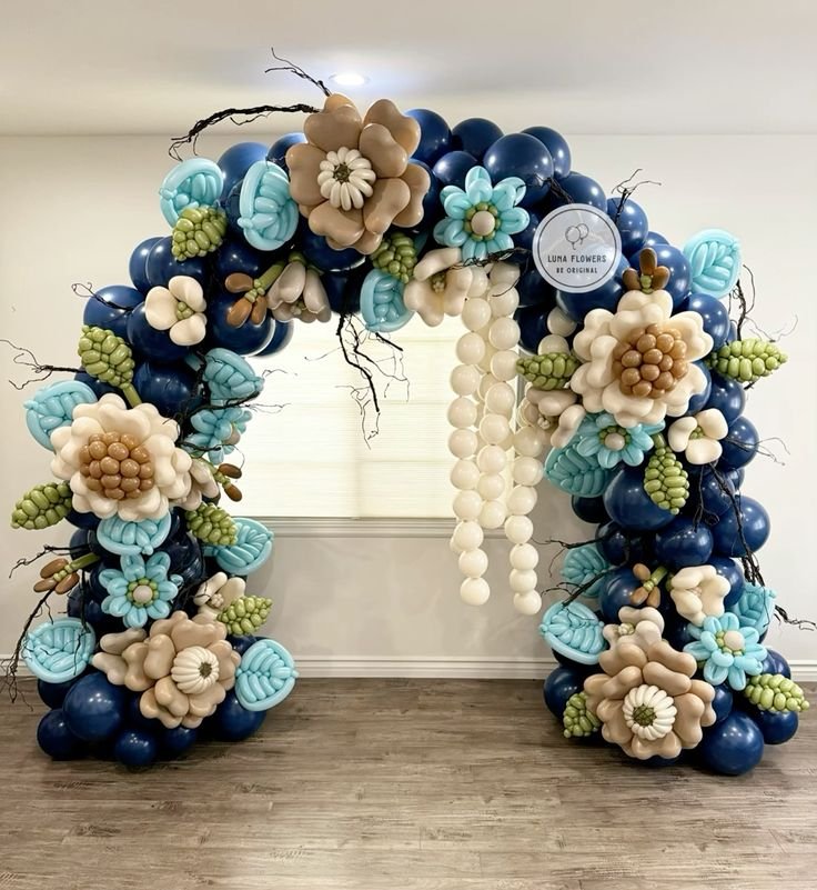 Balloon arch with distorted and twisted flowers and leaves